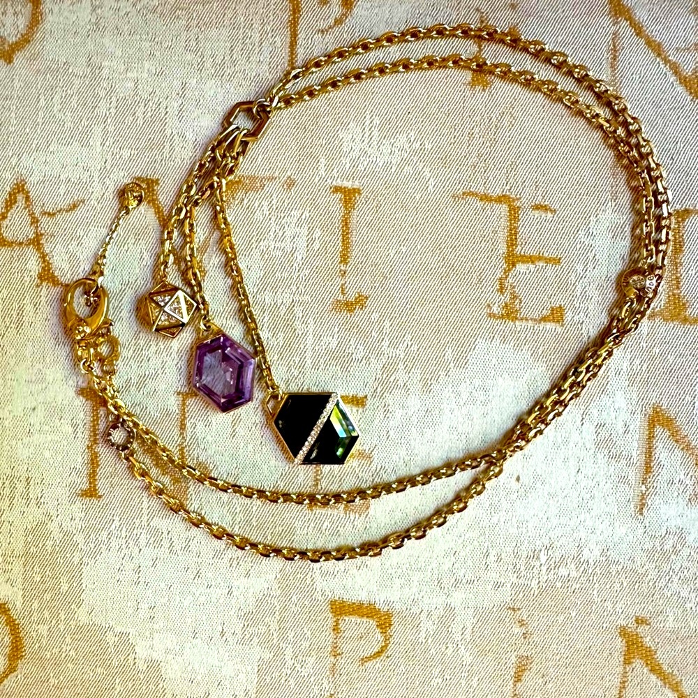 Elegant Henri Bendel Gold Tone Crystal 3 Pendant Long Necklace 32" EUC